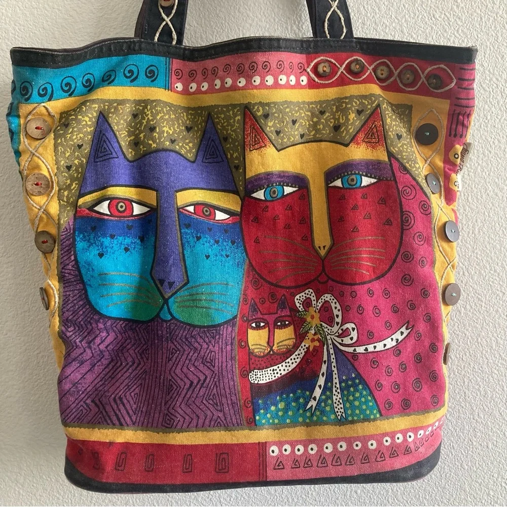 Laurel Burch Colorful Boho Cats Tote Bag Novelty Print Funky Artsy Art Teacher